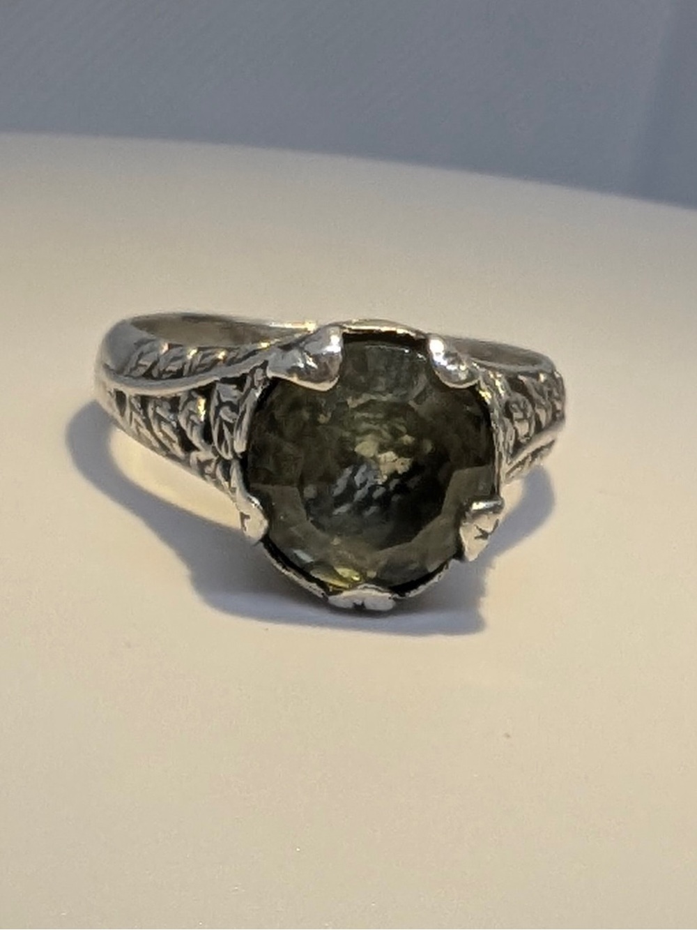 Sarda 925 Sterling Rose Cut Green Amethyst- Prasiolite Ring Tree of Life Size 9.
